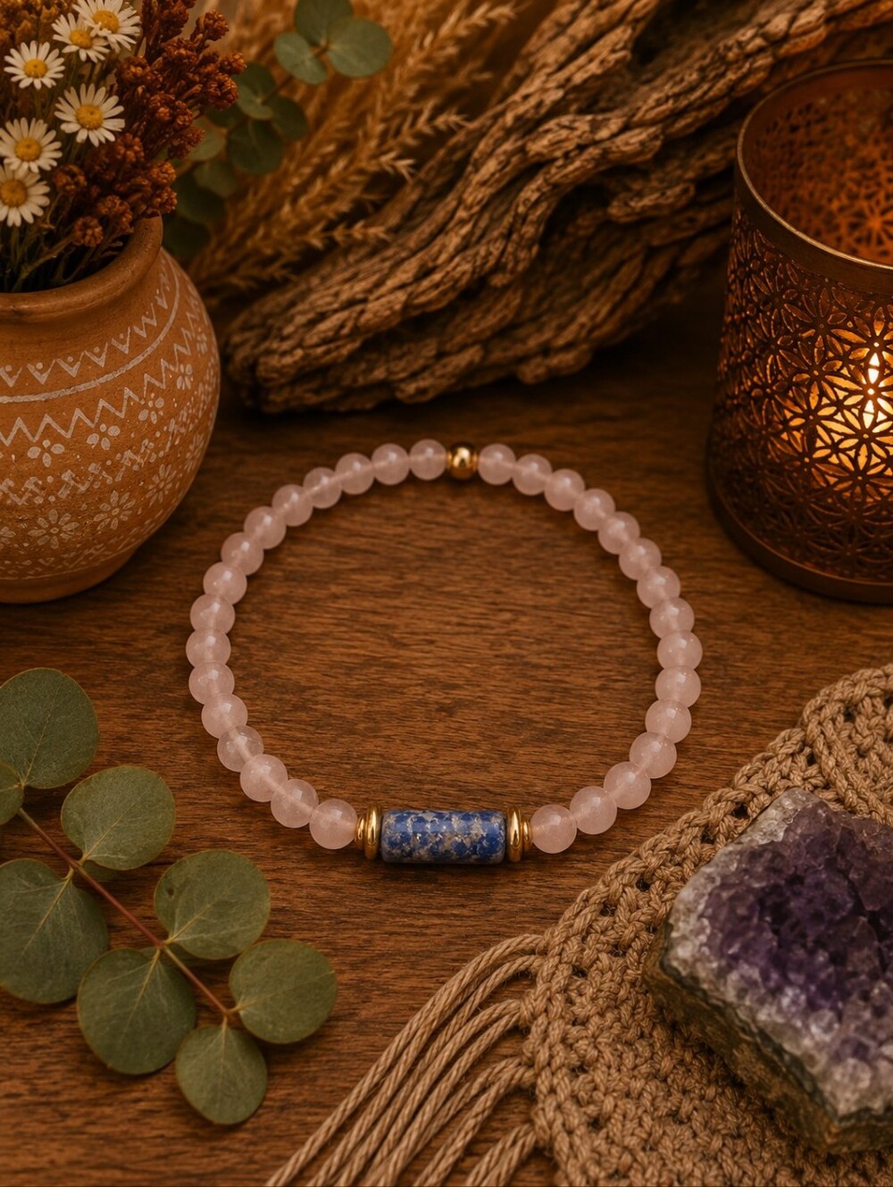 Rose Quartz & Sodalite Bracelet, Handmade Stretch Bracelet, Boho Gemstone Jewelr